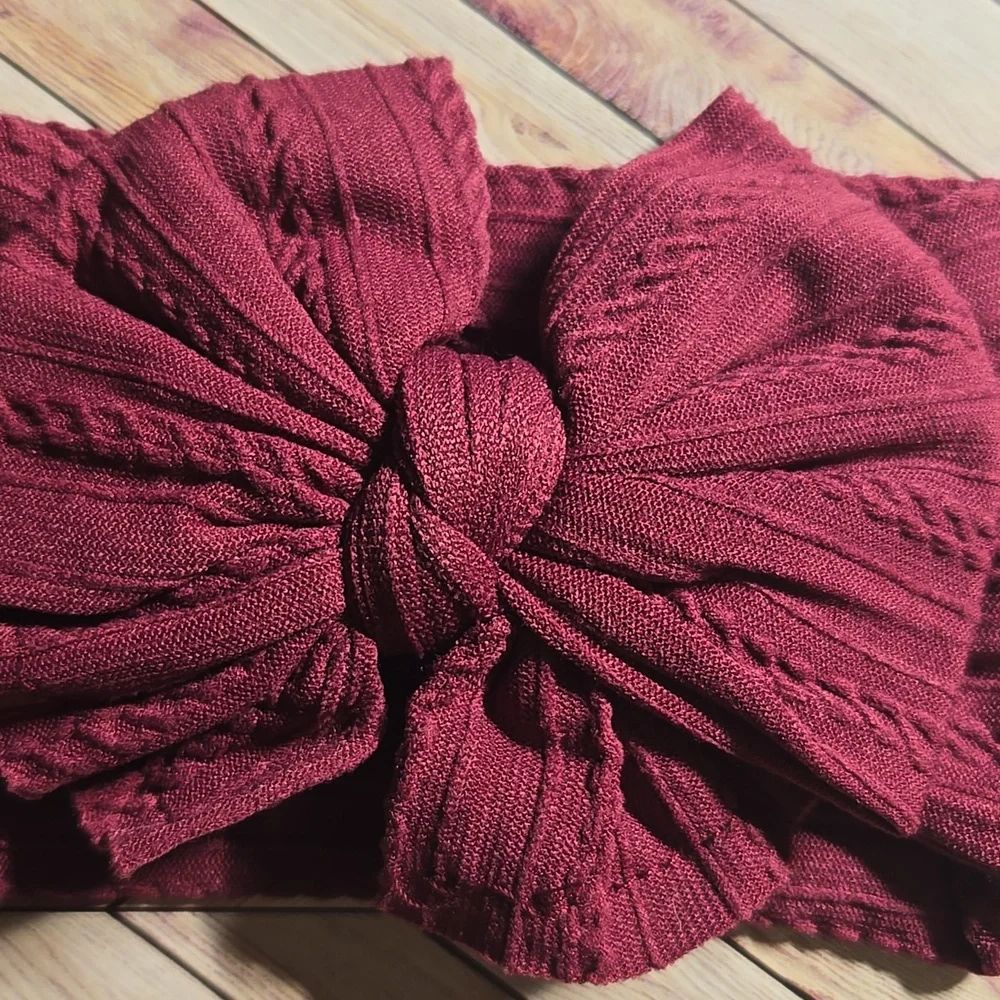 ​Burgundy Cable Knit Baby Girl Headband Large Bow Turbans Soft Stretch Headwrap